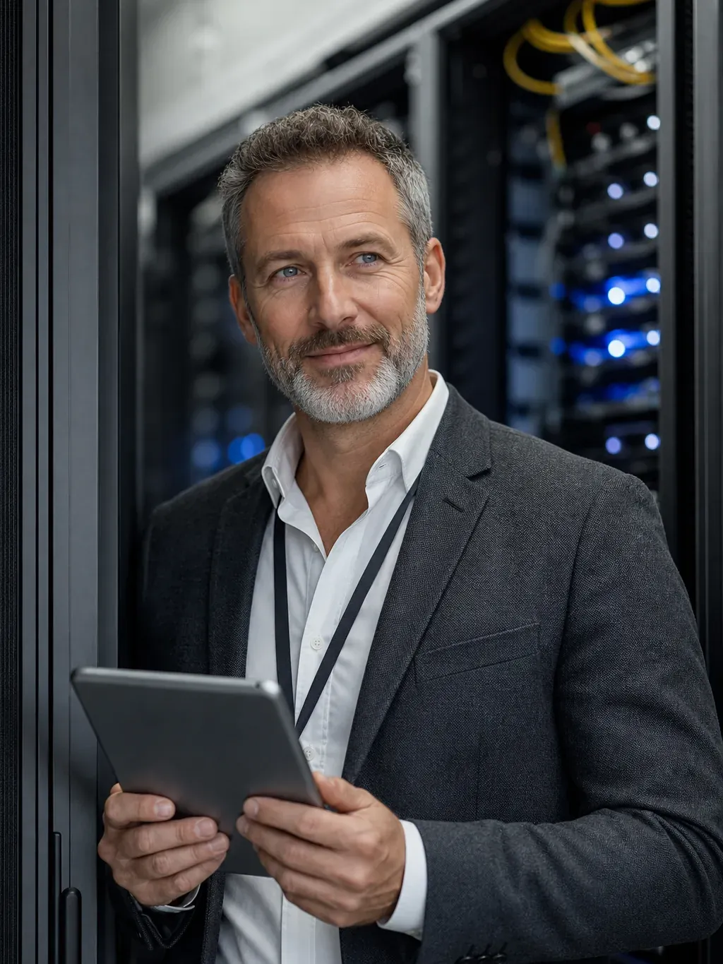 An IT consultant holding a tablet in front of a server room